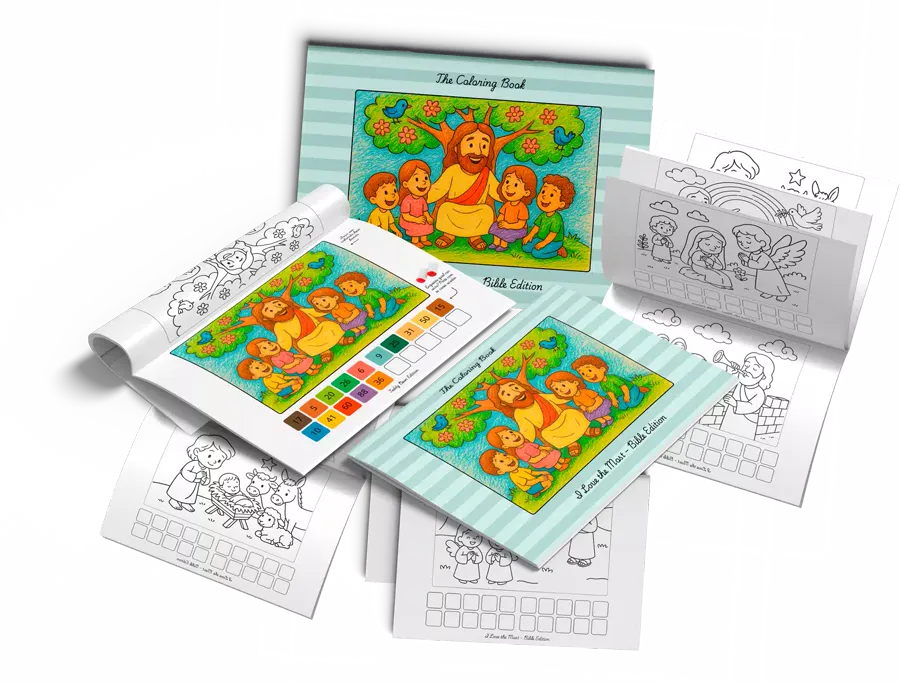 Livro de colorir bíblico aberto, com páginas para pintar